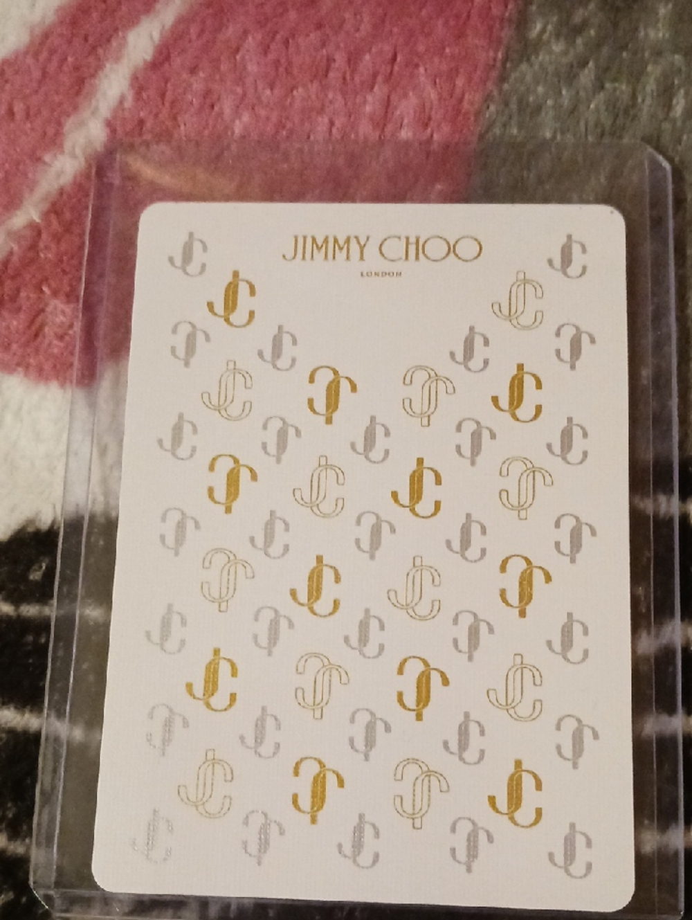 Jimmy Choo White Card with Gold and Silver Monogram Accents